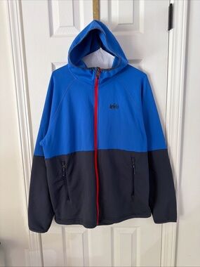 REI Blue and Black Hooded Lightweight Jacket with Red Zip